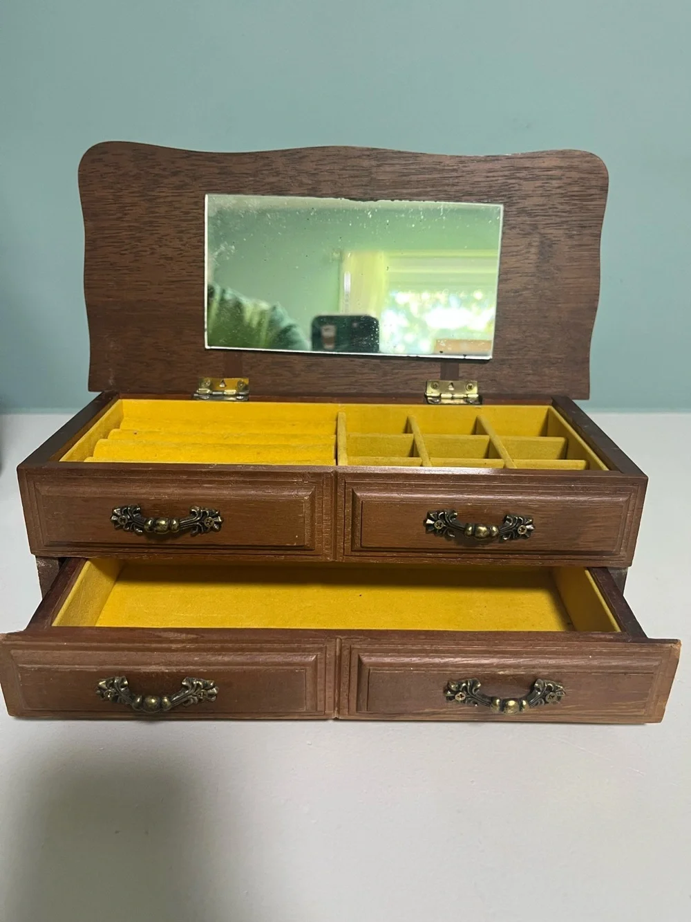 Vintage Centurion® Walnut Wood Jewelry Box, Lid W/Mirror, Padded Sections